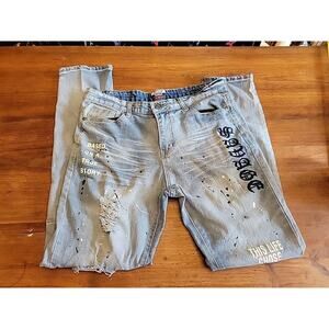 Rock Salt Skinny Denim Jeans Men's 34 Black Distressed "This Life Chose Us”